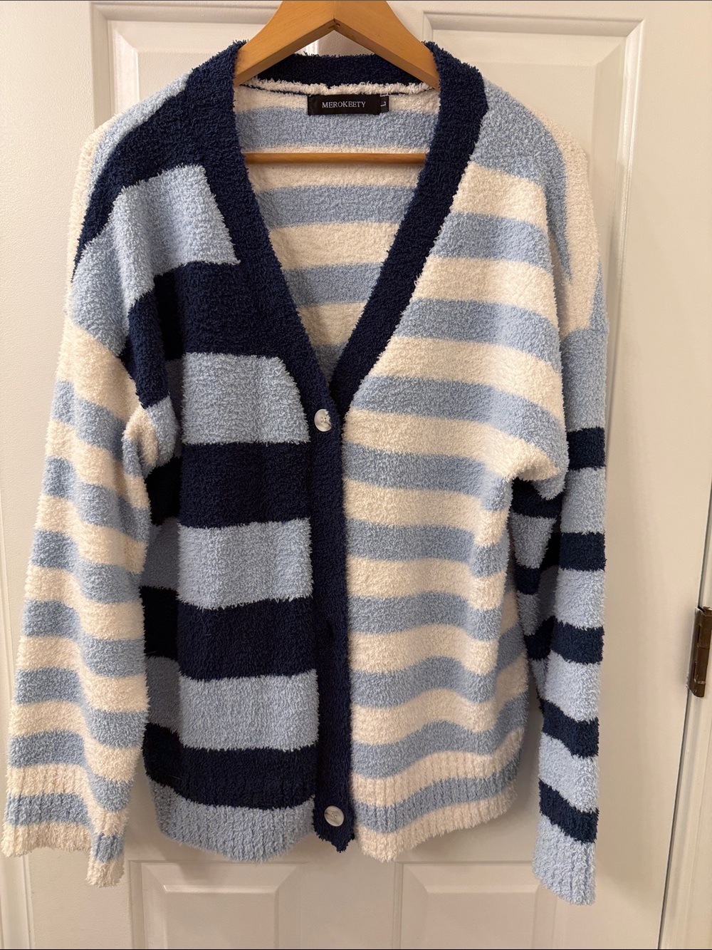 Merokeety Striped Plush Button-Front Cardigan - Light Blue, Navy & Cream